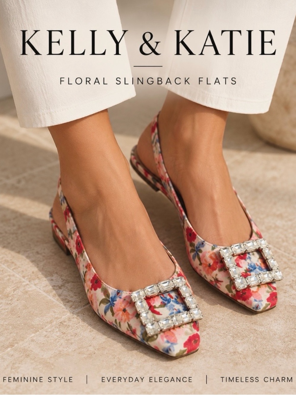 Kelly & Katie Floral Slingback Flats with Crystal Buckle - Red/White